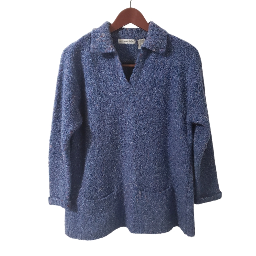 Vintage Northern Isles Womens Speckled Knit Sweater Small Wool Blend Blue Collar